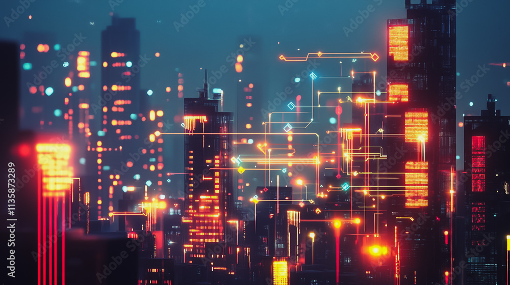 Fototapeta premium Smart digital Innovation city with connection network reciprocity over the cityscape. of future smart wireless digital city and social media networking systems that connects people with in city