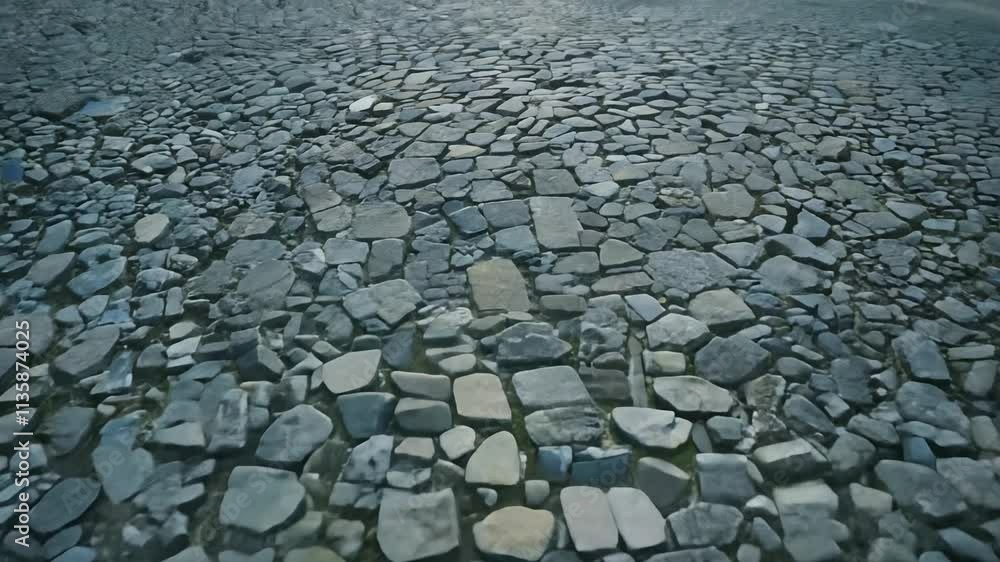 Camera slowly zooms out to reveal a cobblestone path with gray and black tones featuring irregular, textured patterns Camera slowly zooms out to reveal a cobblestone path with gray and black tones featuring irregular, textured patterns