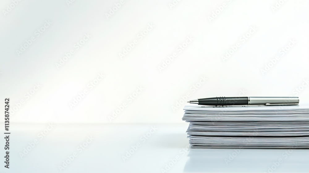 stack of financial innovation reports and pen placed neatly on white surface stack of financial innovation reports and pen placed neatly on white surface