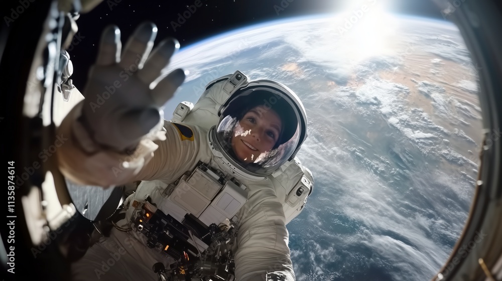 An Astronaut Posing in a Space Suit During a Spacewalk Outside a Spaceship, Satellite, Station, Earth Background. Spacewoman Looking at Camera, Smiling, and Waving Hello Next to an Entrance Hatch. An Astronaut Posing in a Space Suit During a Spacewalk Outside a Spaceship, Satellite, Station, Earth Background. Spacewoman Looking at Camera, Smiling, and Waving Hello Next to an Entrance Hatch.