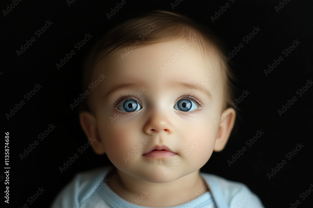 Adorable close-up of a baby with striking blue eyes, set against a dark background. Captures innocence and wonder with a serene expression. Perfect for themes of childhood and purity. Adorable close-up of a baby with striking blue eyes, set against a dark background. Captures innocence and wonder with a serene expression. Perfect for themes of childhood and purity.