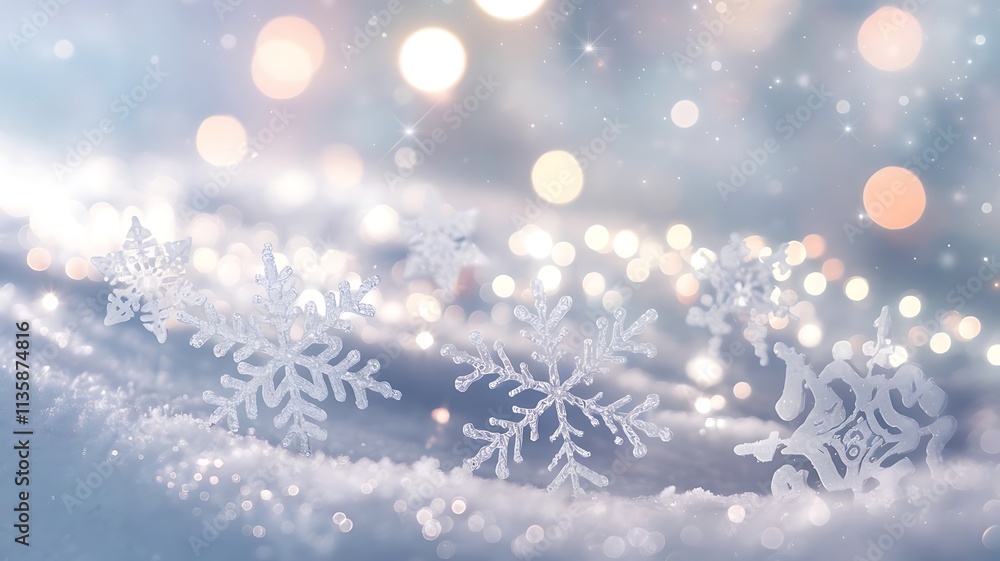 Magical Winter Scene with Crystalline Snowflakes Resting on a Soft Snowy Surface, Dreamy Background with Bokeh and Twinkling Stars Magical Winter Scene with Crystalline Snowflakes Resting on a Soft Snowy Surface, Dreamy Background with Bokeh and Twinkling Stars