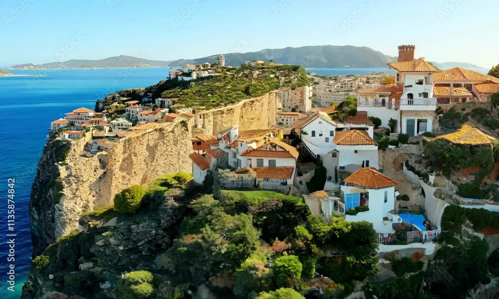 Aerial drone view of town houses or homes on ocean or seacoast. Mediterranean island tourism landscape, summer holiday cityscape, boat on water, coastal panoramic cliff Aerial drone view of town houses or homes on ocean or seacoast. Mediterranean island tourism landscape, summer holiday cityscape, boat on water, coastal panoramic cliff