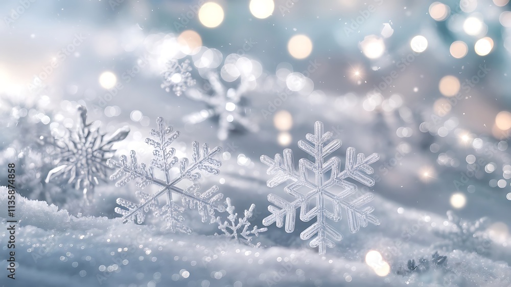 Magical Winter Scene with Crystalline Snowflakes Resting on a Soft Snowy Surface, Dreamy Background with Bokeh and Twinkling Stars Magical Winter Scene with Crystalline Snowflakes Resting on a Soft Snowy Surface, Dreamy Background with Bokeh and Twinkling Stars