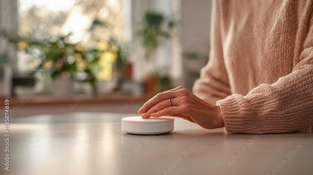 Fototapeta premium Close-Up of a Person's Hand Gently Pressing a Round Smart Home Device on a Table Surrounded by Peaceful Greenery in a Bright Room