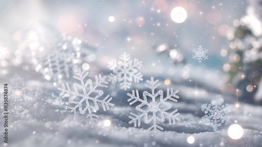 Magical Winter Scene with Crystalline Snowflakes Resting on a Soft Snowy Surface, Dreamy Background with Bokeh and Twinkling Stars Magical Winter Scene with Crystalline Snowflakes Resting on a Soft Snowy Surface, Dreamy Background with Bokeh and Twinkling Stars