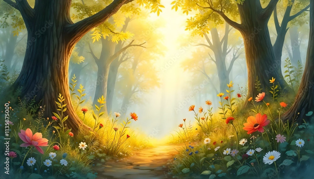 Fantasy landscape with a path in the forest. Vector illustration Fantasy landscape with a path in the forest. Vector illustration
