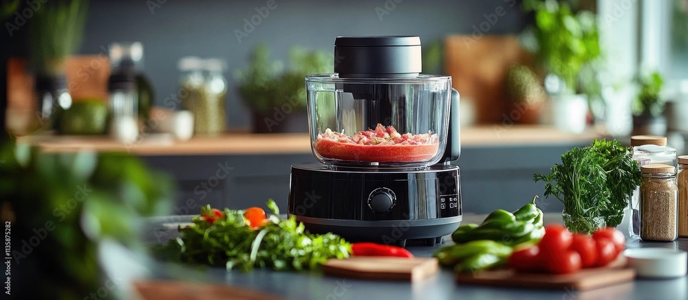 A modern food processor on a kitchen counter with fresh vegetables. A modern food processor on a kitchen counter with fresh vegetables.