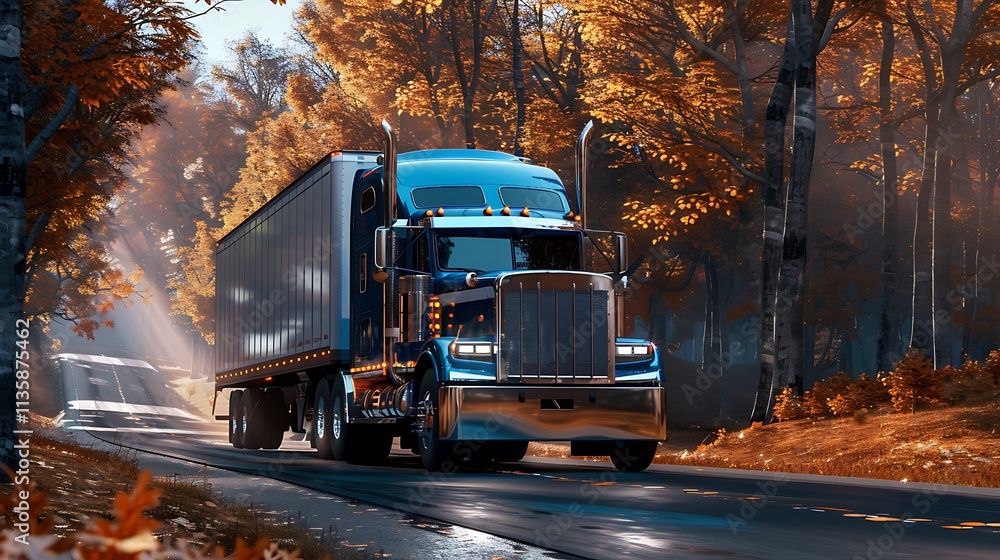 Truck on the highway in the autumn forest with colorful trees. Truck on the highway in the autumn forest with colorful trees.