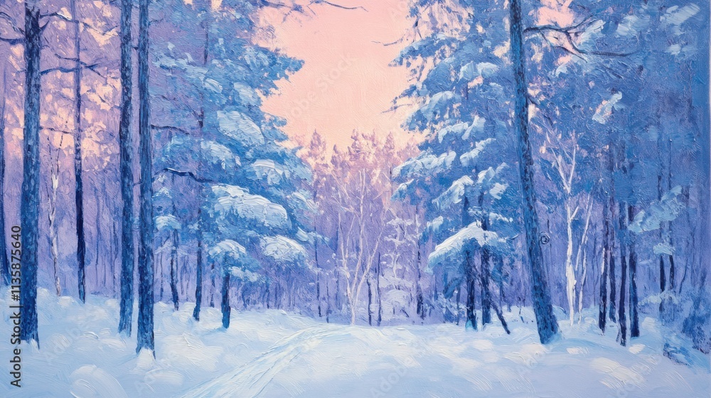 Oil Painting of a Snowy Forest Path at Dusk Oil Painting of a Snowy Forest Path at Dusk