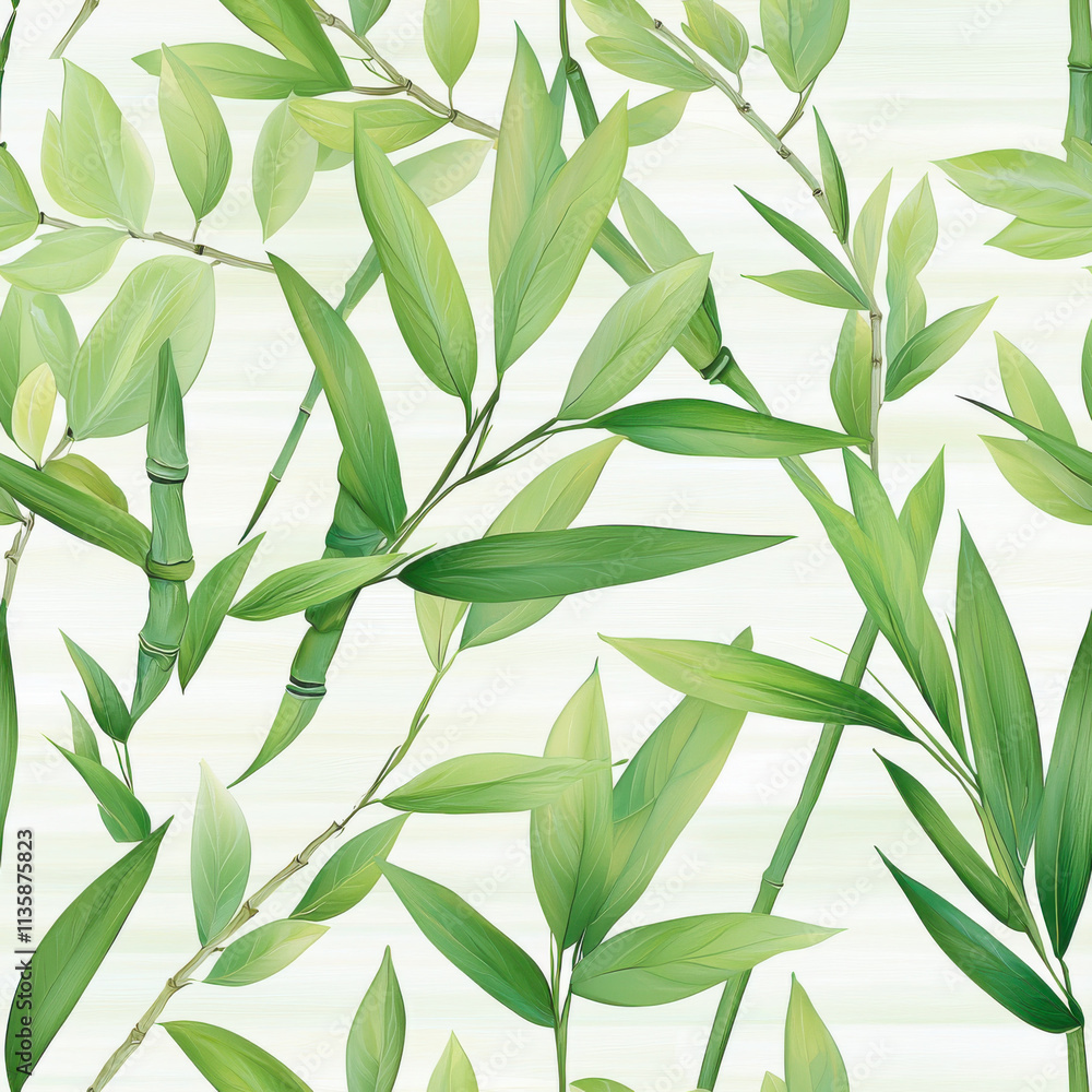 Lush green bamboo leaves create serene and calming seamless pattern, perfect for nature inspired designs and backgrounds. Ideal for textiles, wallpapers, and decor Lush green bamboo leaves create serene and calming seamless pattern, perfect for nature inspired designs and backgrounds. Ideal for textiles, wallpapers, and decor
