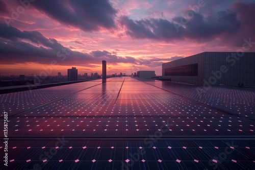 Breathtaking Sunset Over Urban Rooftop Featuring Solar Panels with Vibrant Colors and Dramatic Cloud Formation in Modern Cityscape Setting photo