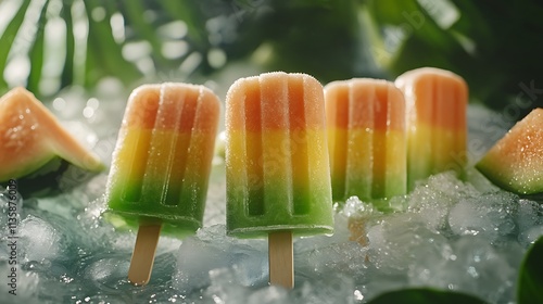 A close-up of melon trio popsicles mid-melt, the watermelon, cantaloupe, and honeydew layers dripping gently, surrounded by crushed ice and a summer backdrop of palm leaves, hd quality, natural light,