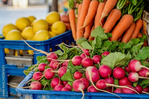 Fresh Radishes, Carrots, and Lemons at Farmers Market