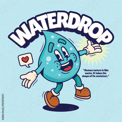Water Drop Cute Trendy Retro Cartoon Vector Hand Drawn