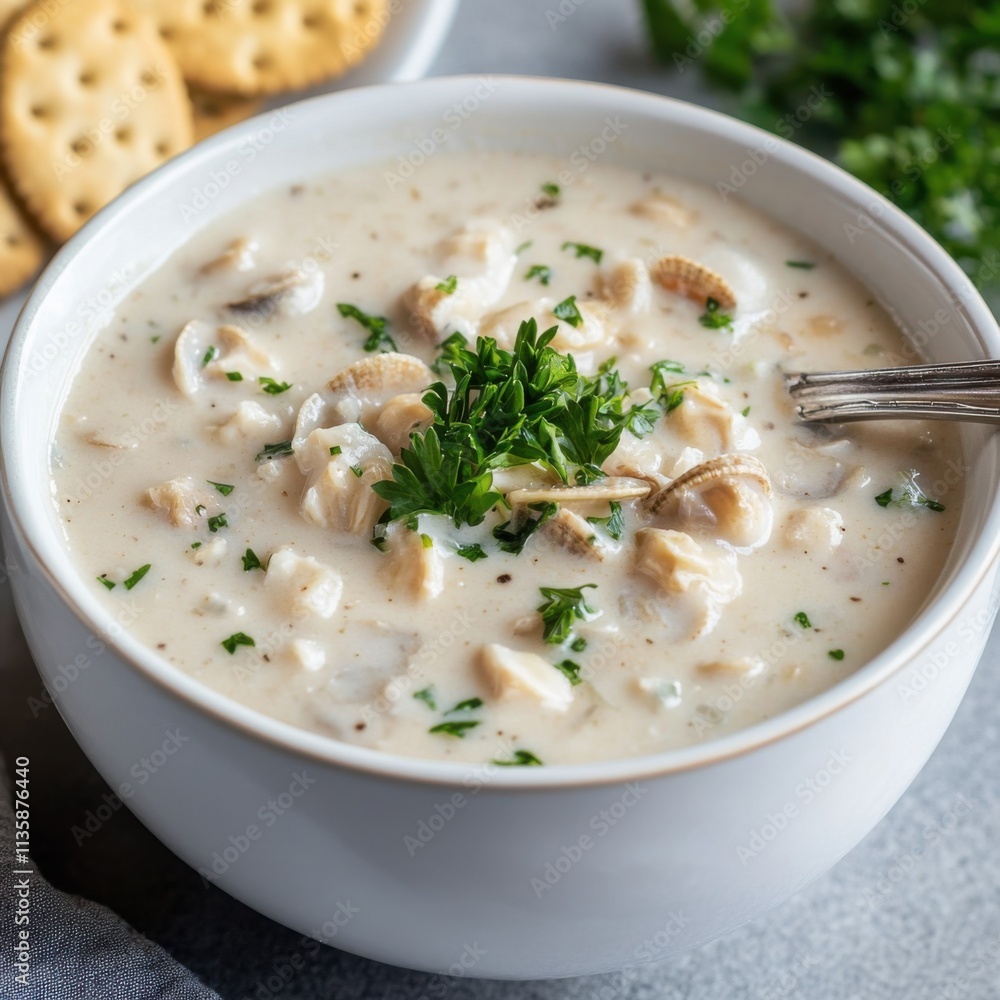 A bowl of creamy clam chowder garnished with fresh parsley, Chowder in bowl, Soft diffused lighting evoking coastal charm A bowl of creamy clam chowder garnished with fresh parsley, Chowder in bowl, Soft diffused lighting evoking coastal charm