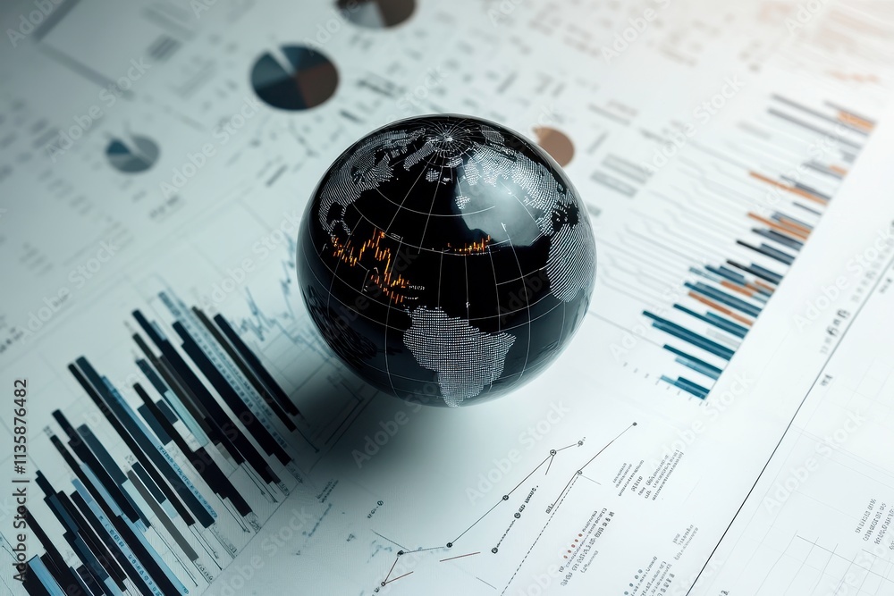 Black and white globe on charts and graphs, representing global data analysis and financial growth trends in modern business strategies and decision-making processes Black and white globe on charts and graphs, representing global data analysis and financial growth trends in modern business strategies and decision-making processes