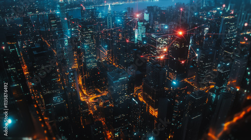 Smart digital Innovation city with connection network reciprocity over the cityscape. of future smart wireless digital city and social media networking systems that connects people with in city