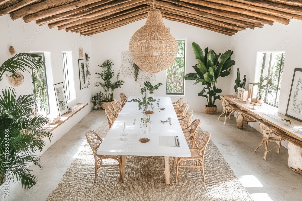 Fototapeta premium Bright and Airy Modern Meeting Space with Natural Elements, Large Dining Table, and Lush Greenery, Perfect for Creative Collaborations and Workshops