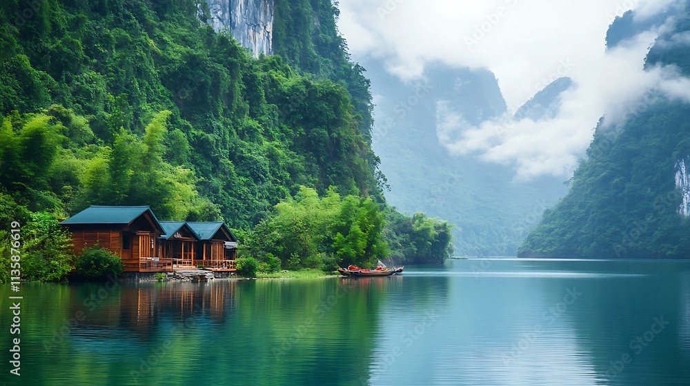 Tranquil Lakeside Cabins in a Misty Mountain Valley. Concept of Relaxation, Nature Escape, and Travel. Tranquil Lakeside Cabins in a Misty Mountain Valley. Concept of Relaxation, Nature Escape, and Travel.