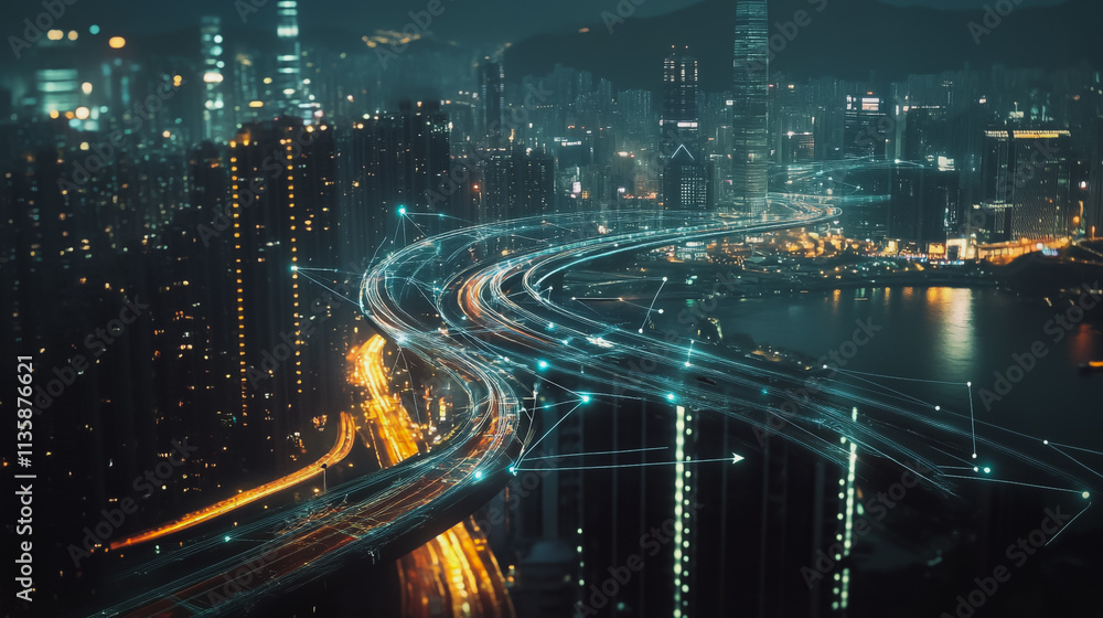 Fototapeta premium Smart digital Innovation city with connection network reciprocity over the cityscape. of future smart wireless digital city and social media networking systems that connects people with in city