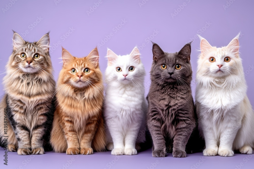 Five different breeds of cats gathered for a photo session in the studio with beautiful faces and a clean. Five different breeds of cats gathered for a photo session in the studio with beautiful faces and a clean.