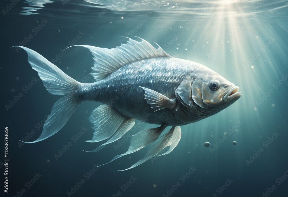Fototapeta premium Mystical Digital Fish with Flowing Fins in Dramatic Underwater Light