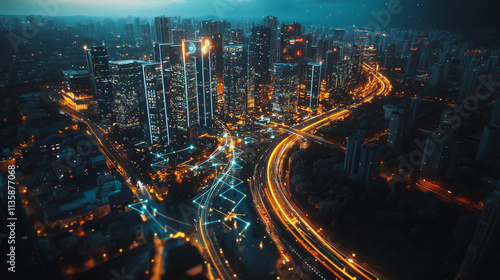 Wallpaper Mural Smart digital Innovation city with connection network reciprocity over the cityscape. of future smart wireless digital city and social media networking systems that connects people with in city Torontodigital.ca