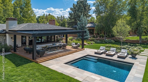 Wallpaper Mural Luxury Backyard Oasis: Modern Home with Pool, Patio, and Lush Landscaping Torontodigital.ca