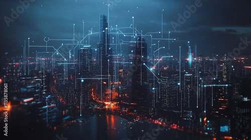Smart digital Innovation city with connection network reciprocity over the cityscape. of future smart wireless digital city and social media networking systems that connects people with in city
