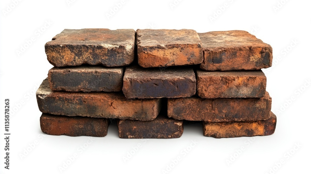 A Stack of Weathered Red Bricks with Textured Surfaces on a White Background for Construction and Renovation Projects A Stack of Weathered Red Bricks with Textured Surfaces on a White Background for Construction and Renovation Projects