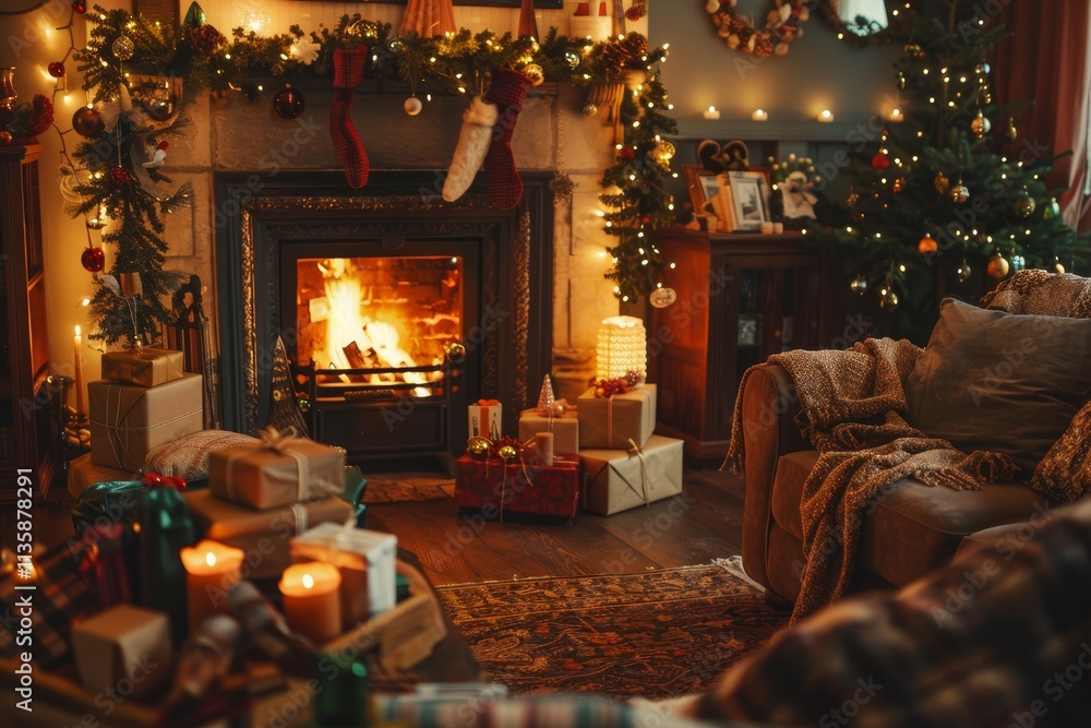 Cozy Christmas Living Room With Fireplace and Presents, A cozy living room with a crackling fire, surrounded by gifts and festive decorations Cozy Christmas Living Room With Fireplace and Presents, A cozy living room with a crackling fire, surrounded by gifts and festive decorations