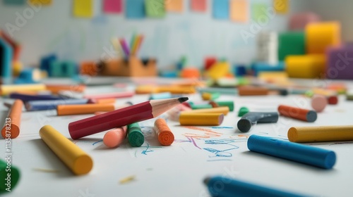 A children's playroom filled with scattered toys, crayons, and building blocks