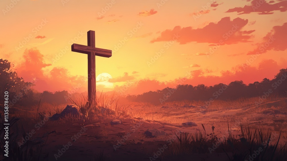 Serene Sunset Overlooking a Wooden Cross in a Tranquil Landscape with Lush Grass and Vibrant Skies Rich in Warm Tones of Orange, Pink, and Yellow Serene Sunset Overlooking a Wooden Cross in a Tranquil Landscape with Lush Grass and Vibrant Skies Rich in Warm Tones of Orange, Pink, and Yellow