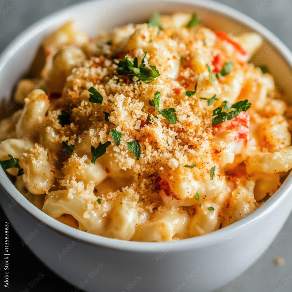 A bowl of creamy lobster macaroni and cheese topped with breadcrumbs and fresh parsley, Macaroni and cheese centered, Soft diffused lighting enhancing its cheesy goodness A bowl of creamy lobster macaroni and cheese topped with breadcrumbs and fresh parsley, Macaroni and cheese centered, Soft diffused lighting enhancing its cheesy goodness