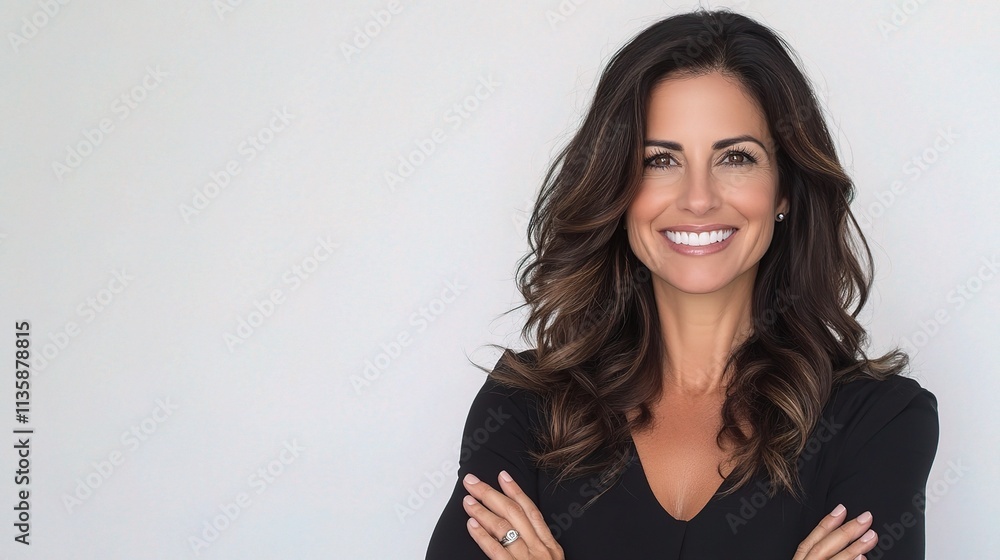 Confident Businesswoman with Brunette Hair Smiling Against Wall Confident Businesswoman with Brunette Hair Smiling Against Wall