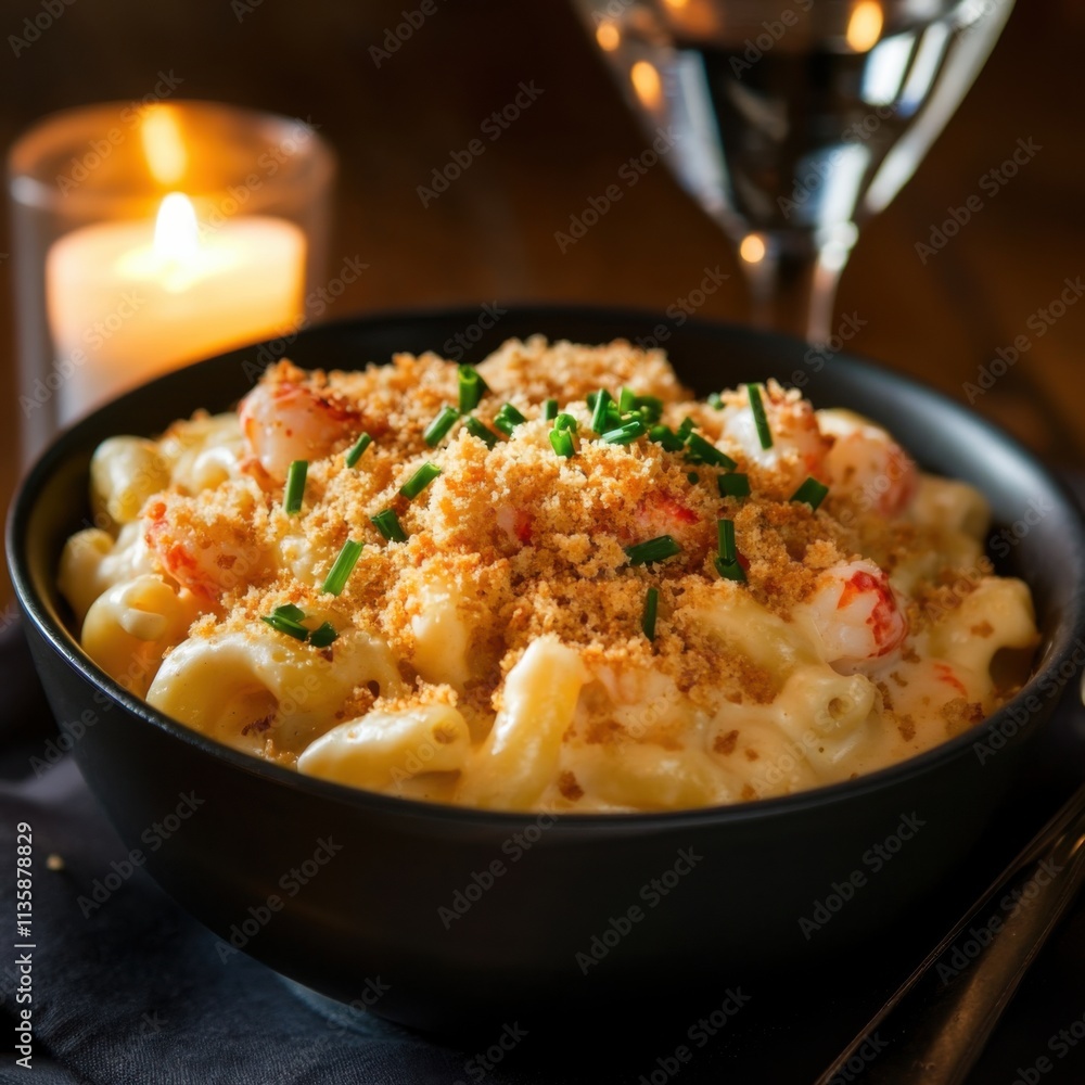 A bowl of creamy lobster macaroni and cheese topped with breadcrumbs, Mac and cheese in bowl, Soft candlelight creating an intimate dining atmosphere A bowl of creamy lobster macaroni and cheese topped with breadcrumbs, Mac and cheese in bowl, Soft candlelight creating an intimate dining atmosphere