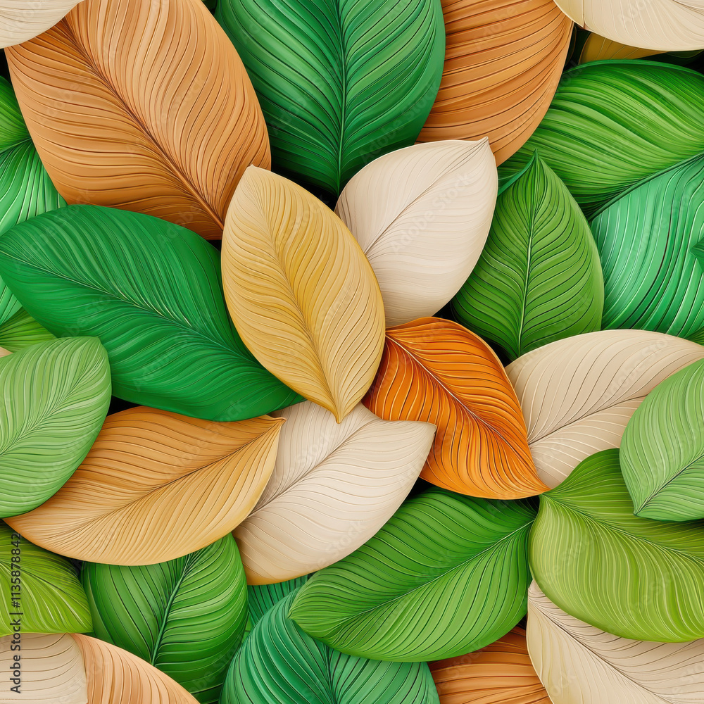 Fototapeta premium Vibrant green and orange leaves create seamless pattern, showcasing nature beauty and diversity. This design is perfect for backgrounds and textiles