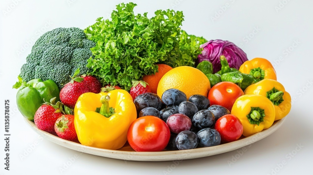 A balanced meal with fresh fruits and vegetables, promoting healthy living and wellness A balanced meal with fresh fruits and vegetables, promoting healthy living and wellness