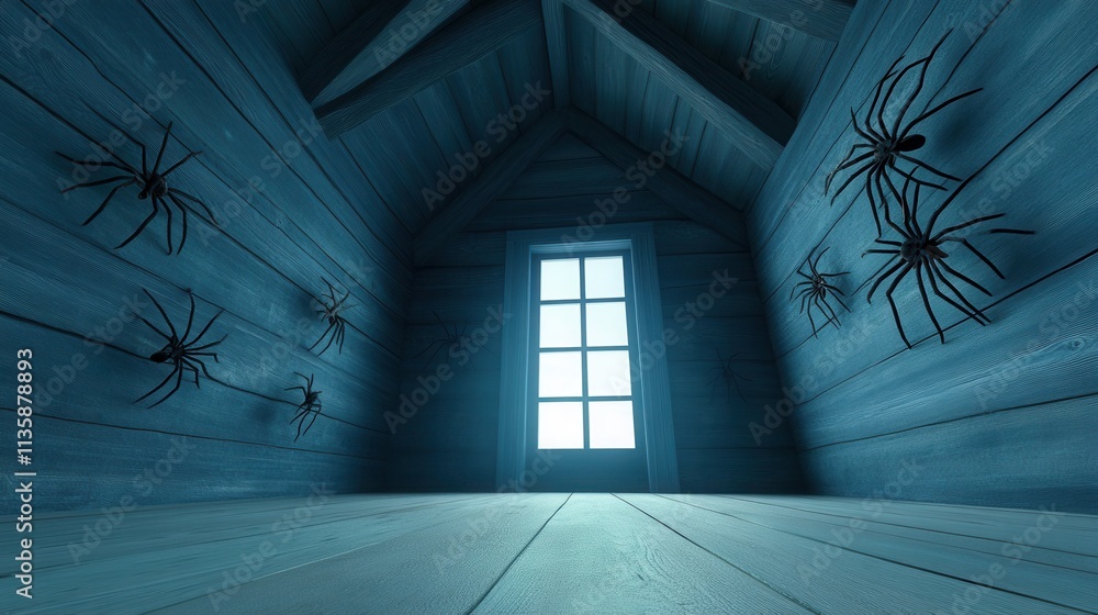 A dark and eerie room with giant spiders crawling on the walls and ...