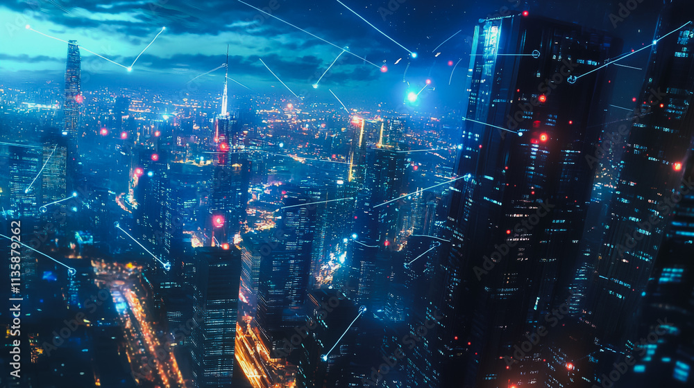 Obraz premium Smart digital Innovation city with connection network reciprocity over the cityscape. of future smart wireless digital city and social media networking systems that connects people with in city