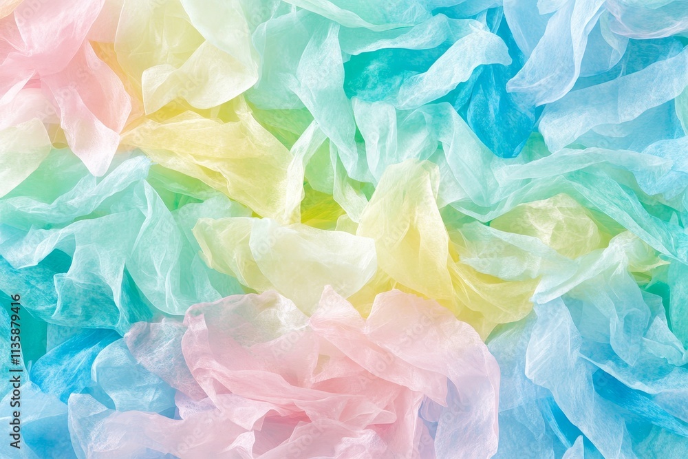 Colorful Pastel Texture of Crinkled Tissue Paper on a Soft Background, Ideal for Art Projects, Crafting, and Creative Expressions in Various Applications Colorful Pastel Texture of Crinkled Tissue Paper on a Soft Background, Ideal for Art Projects, Crafting, and Creative Expressions in Various Applications