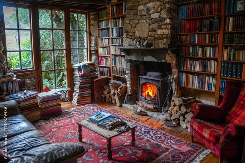 A cozy living room with a crackling fireplace, stacks of books, and a comfortable leather couch A cozy living room with a crackling fireplace and bookshelves filled with books