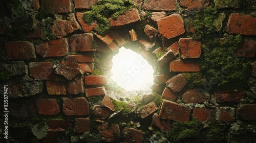 Light Shining Through a Hole in a Weathered Brick Wall Covered with Moss and Lichen, Highlighting Nature's Resilience Amidst Urban Decay and Aging Structures photo