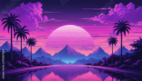 80s Retro Sunset Landscape with Palm Trees. Vibrant, pixelated 80s inspired landscape. photo