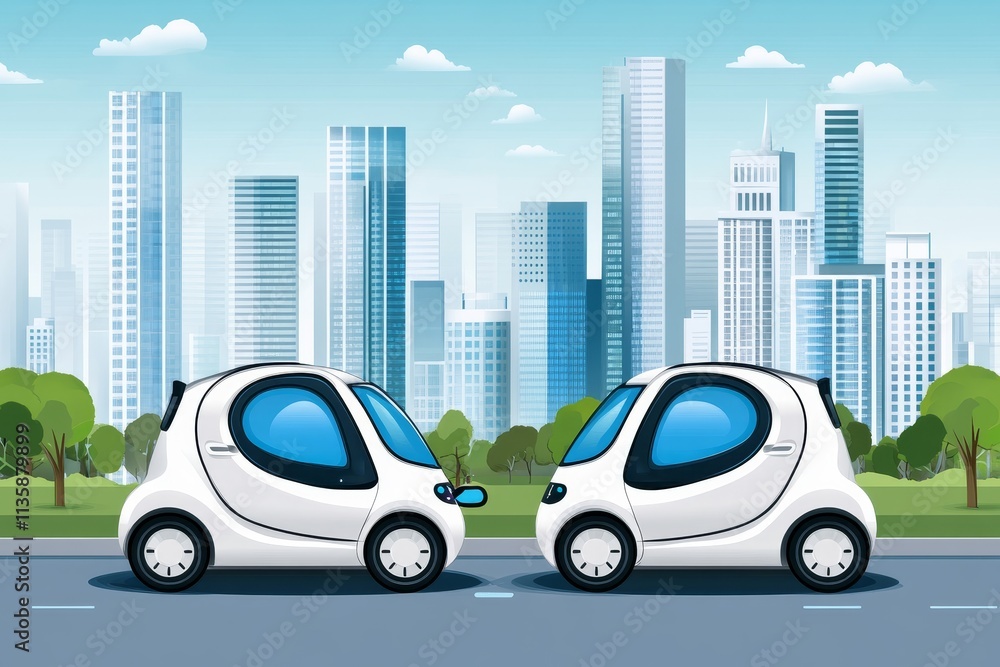 Compact Electric Cars Parked on City Street with Modern Skyscrapers in Background Illustrating Urban Lifestyle and Sustainable Transport Solutions Compact Electric Cars Parked on City Street with Modern Skyscrapers in Background Illustrating Urban Lifestyle and Sustainable Transport Solutions