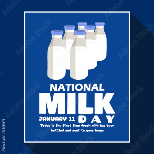 National Milk Day to celebrate on January 11th. Milk bottles neatly arranged in frame on dark blue background. Drink event banner.