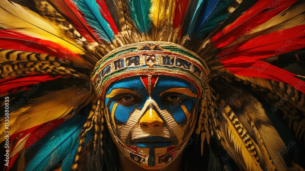 person wearing colorful headdress and face paint person wearing colorful headdress and face paint
