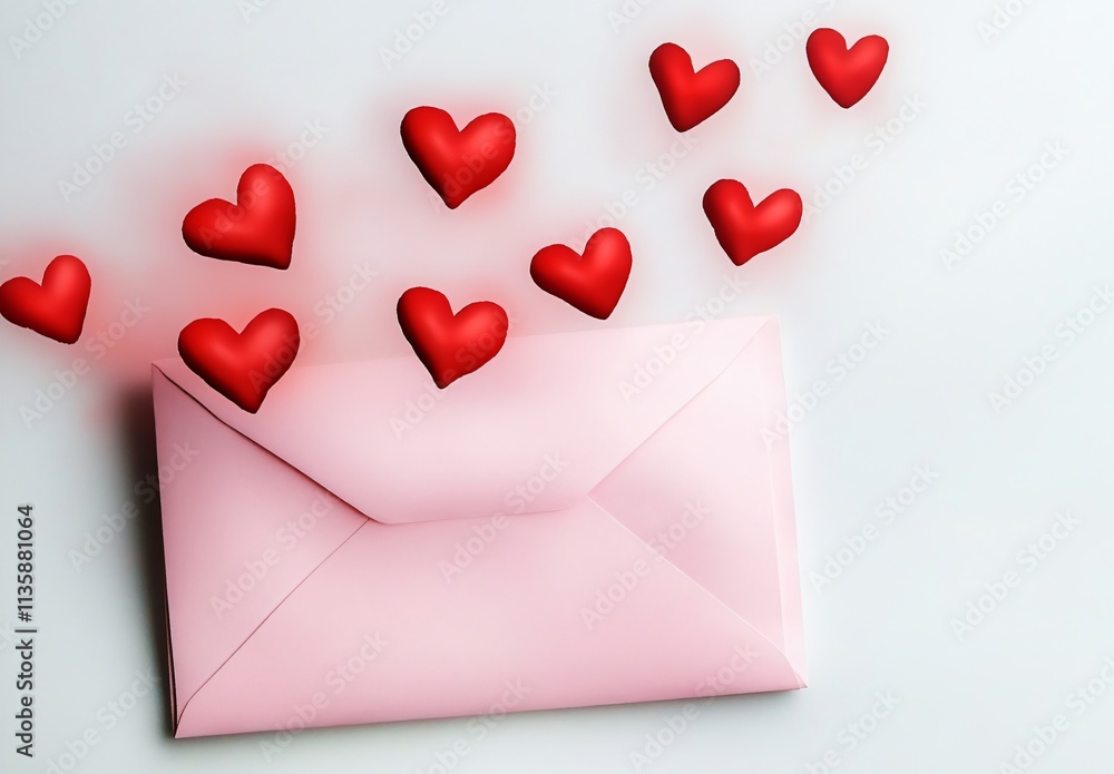 Pink Envelope with Flying Red Hearts: Valentine's Day Love Letter Concept Pink Envelope with Flying Red Hearts: Valentine's Day Love Letter Concept