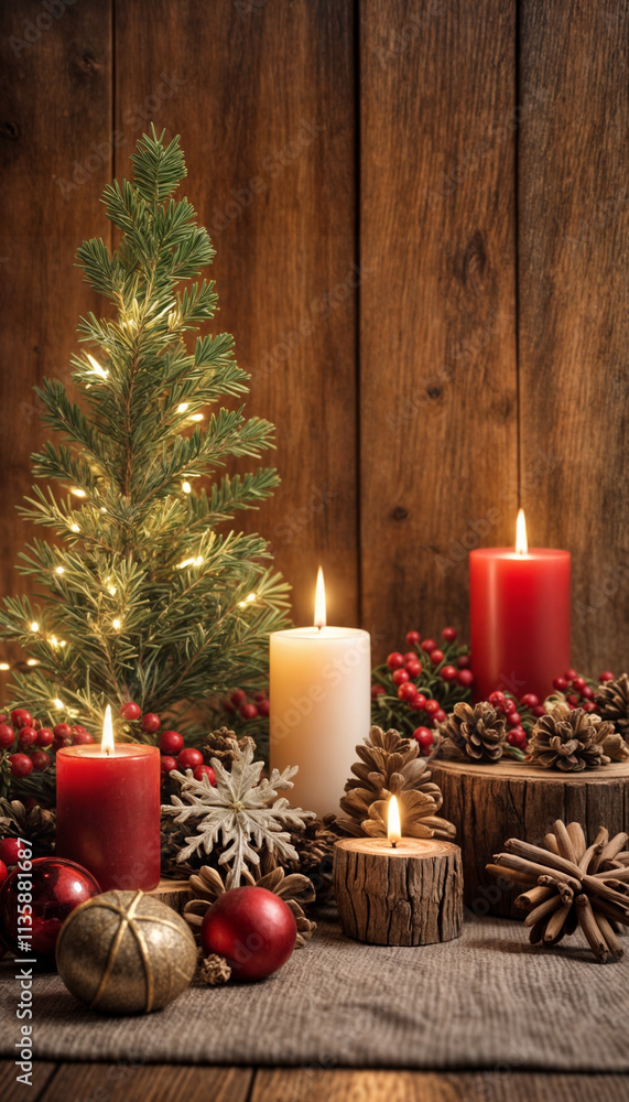 The image features a cozy Christmas scene with lit candles, gifts, a small Christmas tree, and a lit fireplace. The warm glow from the candles and the fire creates a festive and inviting atmosphere. The image features a cozy Christmas scene with lit candles, gifts, a small Christmas tree, and a lit fireplace. The warm glow from the candles and the fire creates a festive and inviting atmosphere.